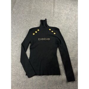 VTG 00s Y2K Bebe Ribbed Gold Buttons Turtleneck Sweater Womens M Studded Graphic